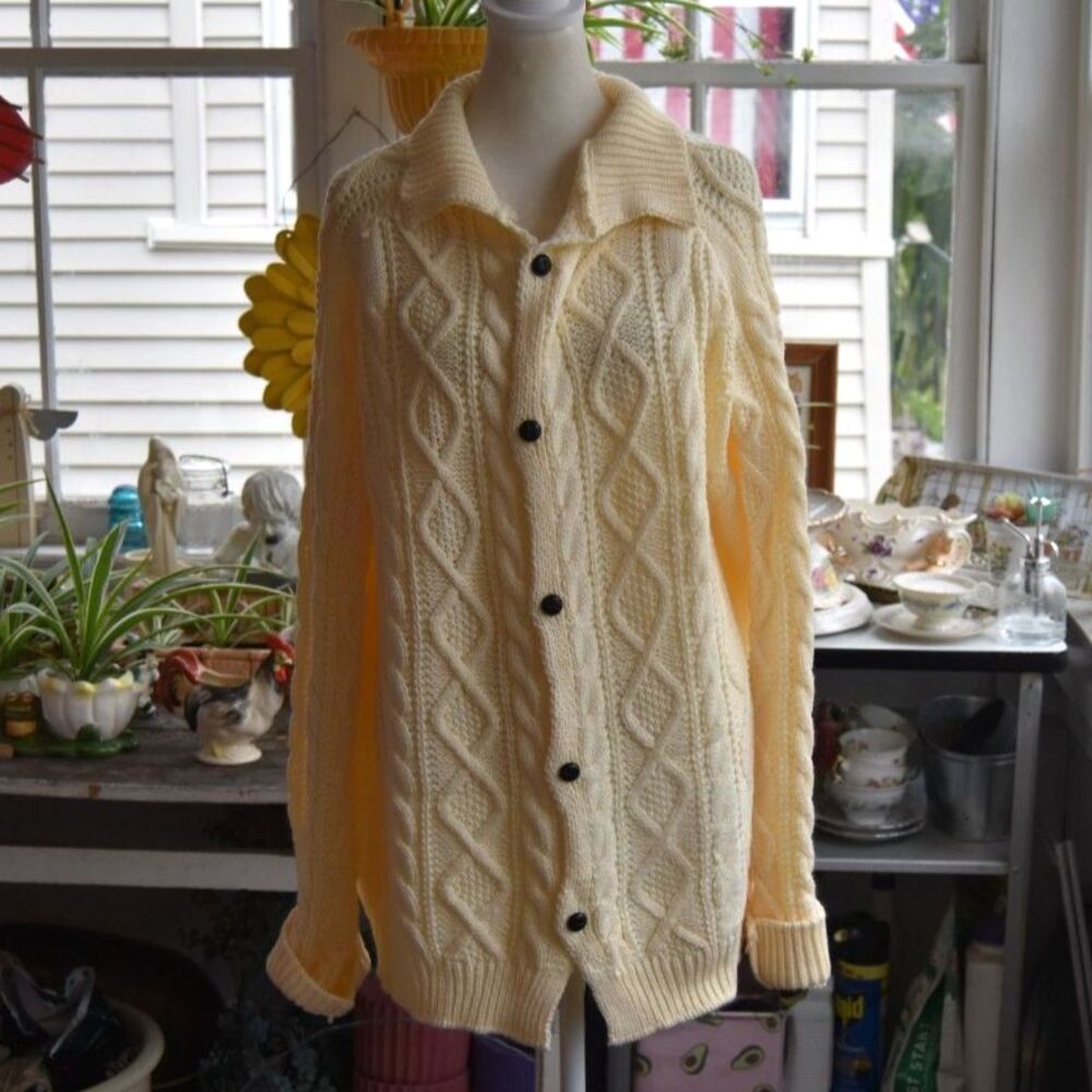 Vintage 70s Cream Cable Knit Cardigan Sweater Fisherman Collared Unisex L XL